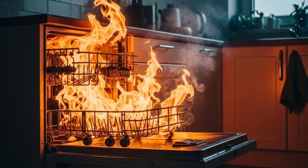 Dishwasher Inferno: A Kitchen Catastrophe - Flames engulf a dishwasher, symbolizing kitchen danger, appliance malfunction, unexpected disaster, fire hazard, and the need for home safety