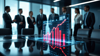 Holographic Financial Charts Displaying Market Trends in a High-Tech Corporate Environment.