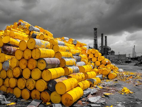 Industrial Facility with Piles of Yellow Barrels Containing Radioactive Waste