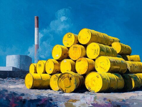 Industrial Facility with Piles of Yellow Barrels Containing Radioactive Waste