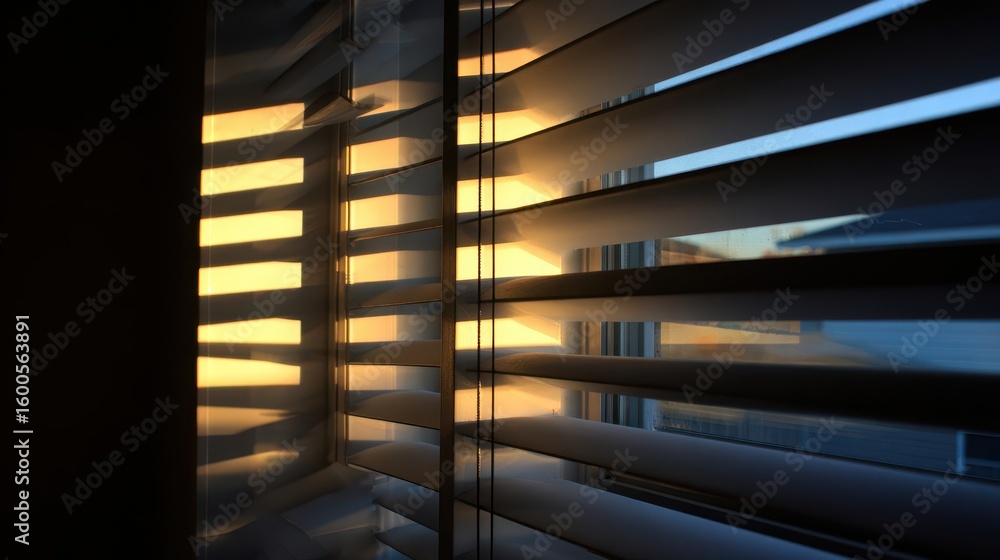 Poster sunlight filtering through window blinds.