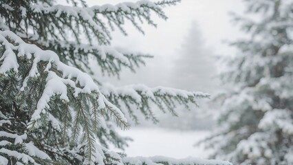 Winter close-up of snowy pine limbs wishing Merry Christmas and Happy New Year. Seasonal greeting with text area.