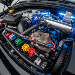 Abstract image of a mouse chewing on wires in a tuner car engine bay