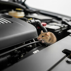 Small brown mouse near a cable in a new car engine bay
