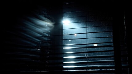 Dark room, window with blinds, light streaks