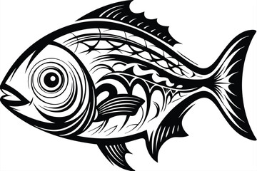 Striking black and white fish illustration features intricate tribal patterns on a solid background