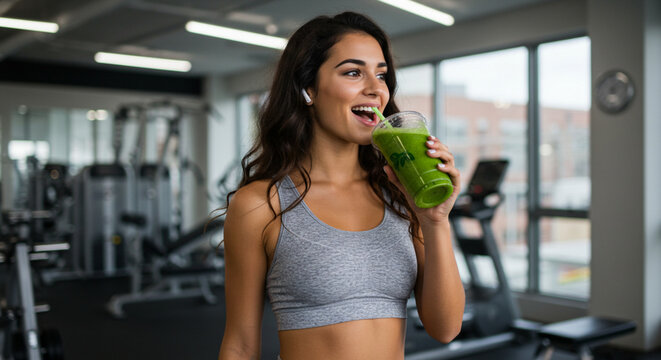 Mulher em academia bebendo suco verde, fitness, sa&uacute;de