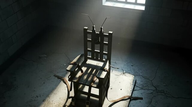 Dramatic Electric Chair in a Dark Gritty Prison Cell with Dramatic Lighting.
