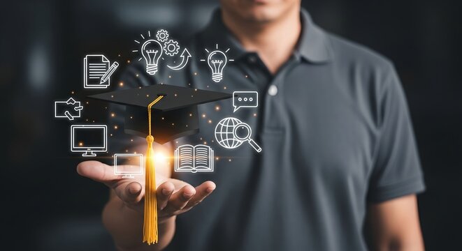 Man Holding Floating Graduation Cap with Gold Tassel and Surrounding White Holographic Education Icons in Glowing Digital Display