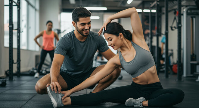 Personal trainer e aluna em academia se alongando, exerc&iacute;cio f&iacute;sico