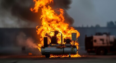 Air Compressor Fire Hazard - A large air compressor engulfed in flames, billowing smoke. Safety and industrial accident imagery