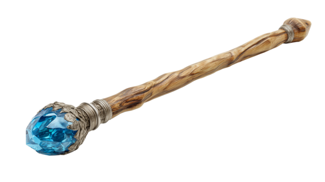 Magic weapon made from sacred old wood and brilliant blue quartz-like gemstone for enchantment themes on transparent background
