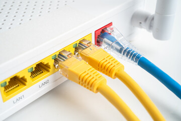 Ethernet cable with wireless router connect to internet service provider network.