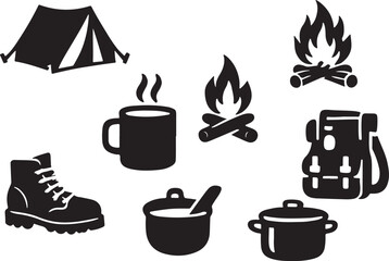 Simple black and white camping adventure icon collection with tent bonfire backpack and boots