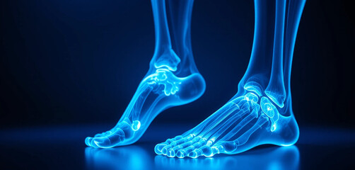 Anatomical 3D Render: Blue Transparent Human Feet and Ankle Bones, Medical Illustration, Healthcare Concept