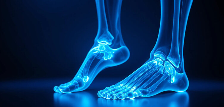 Anatomical 3D Render: Blue Transparent Human Feet and Ankle Bones, Medical Illustration, Healthcare Concept