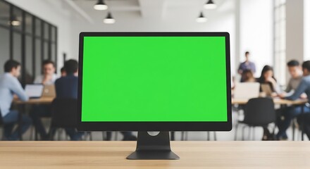 Modern office workspace with a green screen monitor in the foreground, blurred coworkers collaborating in the background.