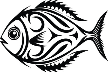 Ornate black and white fish is designed with tribal curves and sharp edges
