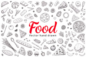 Big vector set of healthy food ingredients. Hand drawn sketches. Isolated objects