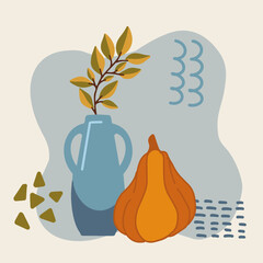 Minimalist vector illustration of cozy autumn arrangement with blue vase, golden leaves, and orange pumpkin. Perfect for seasonal decor, posters, packaging, social media, or branding design.