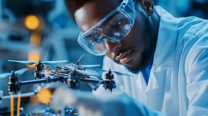 A technician wearing protective goggles closely inspects and analyzes the intricate components of a drone in a futuristic technology driven laboratory environment