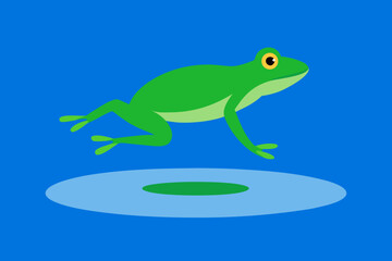 Cartoon illustration of a green frog jumping over a water surface against a blue background
