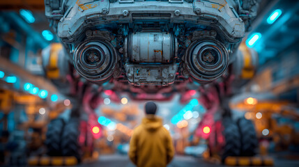 Worm’s Eye View of Engineer Beneath Robotic Arm in Futuristic Factory