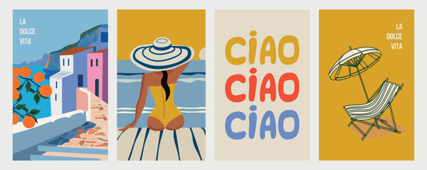 La Dolce Vita. Collection of cute summer posters, cards templates with  a beautiful woman on the seashore, beach lounger on the seashore and and views of Italy. Trendy summer design for branding ads, 