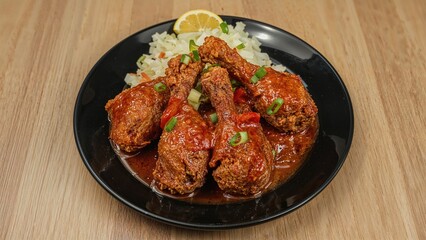 Fototapeta premium Spiced Fried Chicken Arranged on a Dark Plate