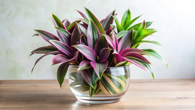 Exotic flower arrangement with Tradescantia spathacea in a glass vase