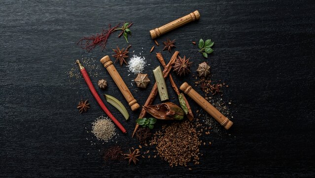 Ingredients and spices arranged on a dark surface, nutritious Asian cuisine