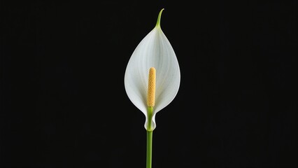 Fototapeta premium Single spath flower, often referred to as peace lily, shown on a dark surface.