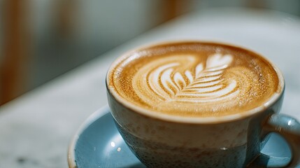 Latte art in a light gray mug on a white table