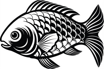 Ornamental fish with flowing fins is presented in black and white minimalist artwork
