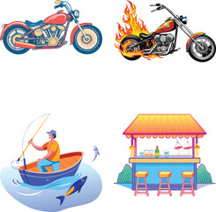 Vector art of a red vintage motorcycle is parked next to a custom motorcycle with flames erupting from its engine