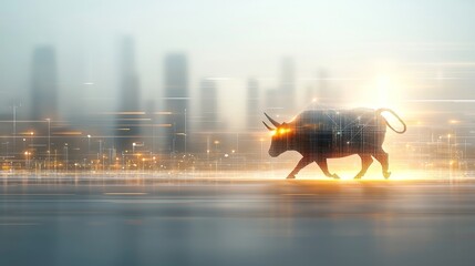 Dynamic bull market scene urban environment digital art futuristic cityscape motion blur financial growth concept