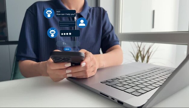 Woman talking to a robot assistant.Contact us chat bot for online support. Customer service, helpdesk advice online chat support.	