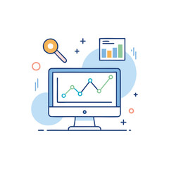 Computer screen displaying financial data and analytics with a magnifying glass isolated on white background