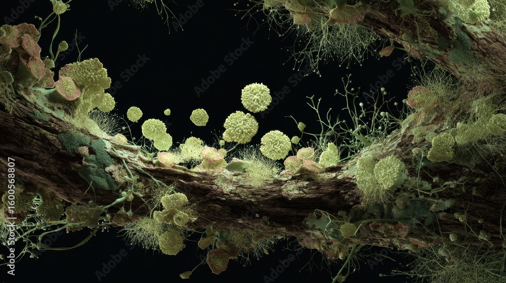 Poster microscopic view of bioink interacting with lichen cells on a substrate. showcasing a symbiotic rela