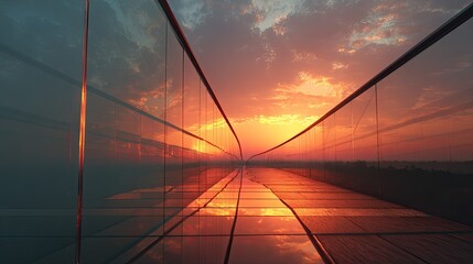 Sunrise walkway through glass walls