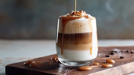 Caramel coffee layered drink in glass
