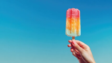 Hand holds vibrant popsicle against vibrant blue sky
