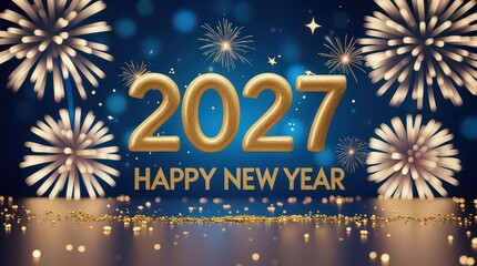Gold 2027 Happy New Year Fireworks on Blue Background 1