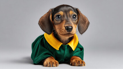 Dachshund puppy wearing green and yellow graduation gown lying down on gray background with curious and playful expression