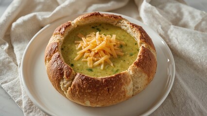 Creamy broccoli and cheese soup inside a hollowed sourdough bread