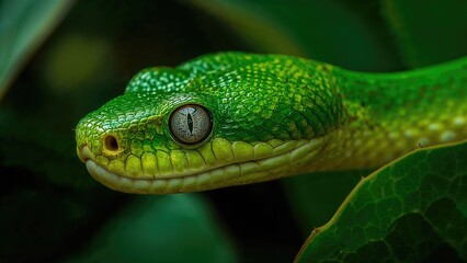 Fototapeta premium Vibrant green snake inhabiting dense foliage