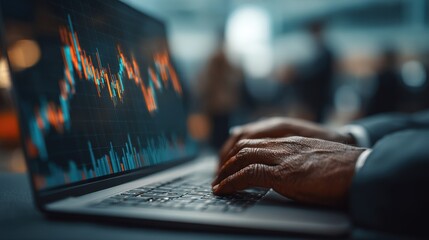 Laptop displays stock market graph in conference room as Business people meet, financial analysis and investment planning in meeting