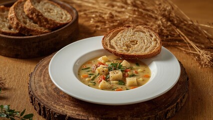 Creamy vegetable soup with diced potatoes and herbs served in a white bowl alongside a slice of crusty bread on a wooden surface