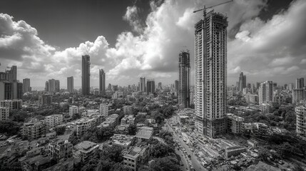 Morning view of Mumbai coastline with skyscrapers under construction and clear sky