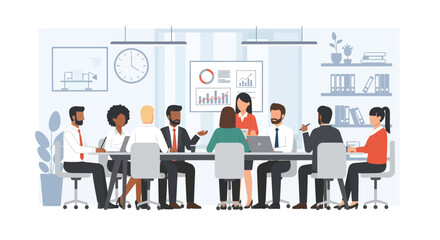 Diverse business team collaborating around a conference table in a modern office space.